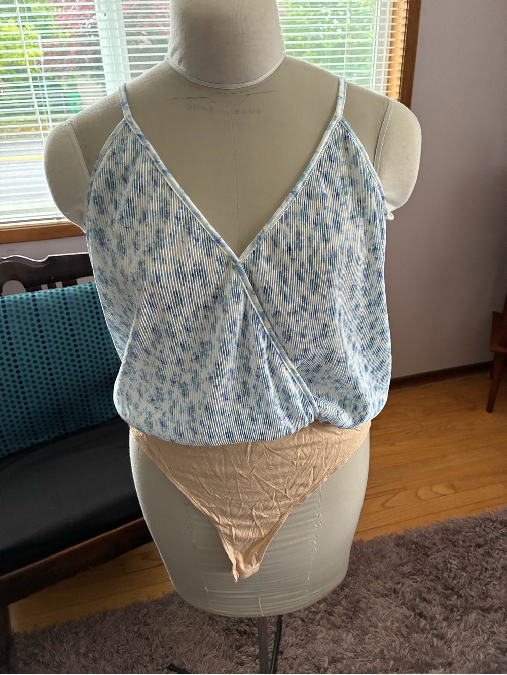 Wayf Blue & White Printed Cami Bodysuit